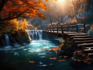 Serene Autumn Waterfall And Rustic Wooden Bridge