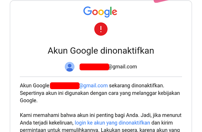 Akun Google Dinonaktifkan