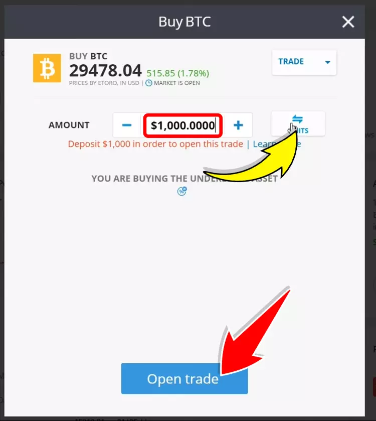 Enter Investment Amount & Open Your Trade
