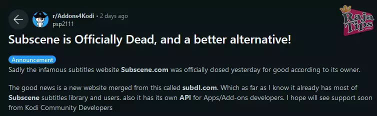 Reddit Post About Subscene Closed