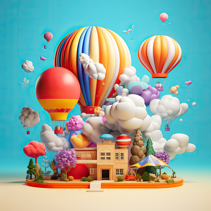 Colorful Balloons Rise Over Whimsical Clouds In Fantasy Sky