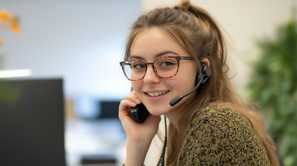 Cute Young Woman As A Friendly Customer Service Talking On The Phone At The Office