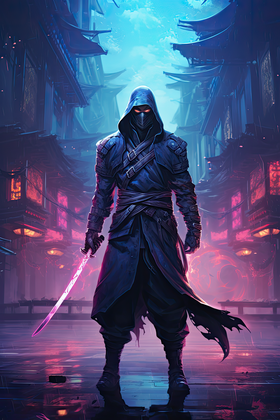 Cyber Ninja Assassin In A Futuristic Neon City With Glowing Blade And Mysterious Aura