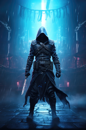Dark Hooded Assassin In A Futuristic Neon City With A Blade Ready For Battle