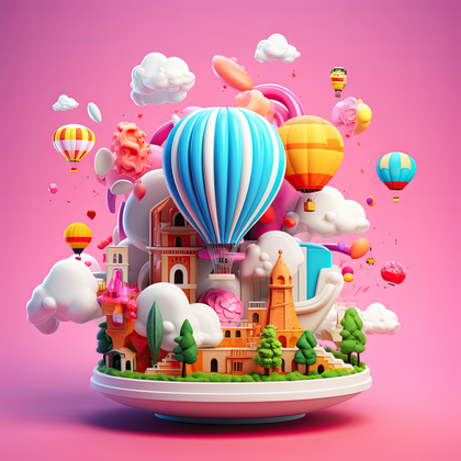 Dreamlike Fantasy Sky With Whimsical Hot Air Balloons And Colorful Landmarks