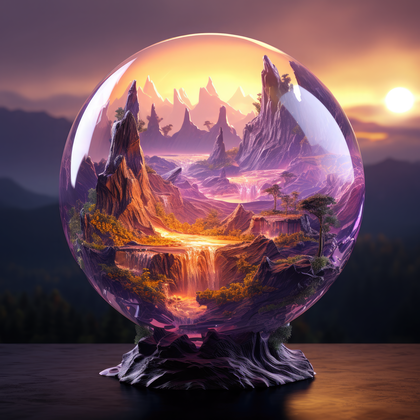 Enchanted Crystal Ball With Majestic Mountain Landscape At Sunset