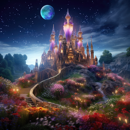 Enchanted Moonlit Castle A Mystical Realm Amidst Flourishing Gardens