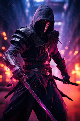 Epic Ninja With A Flaming Sword In A Sci Fi Cityscape