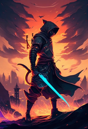 Fantasy Warrior With Glowing Sword In Fiery Landscape At Sunset