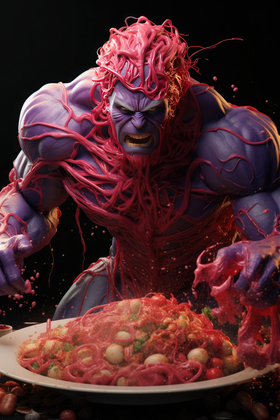 Ferocious Purple Giant Roars While Devouring Explosive Spaghetti Dish