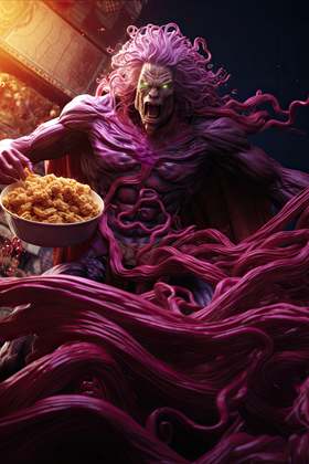 Frightening Fantasy Creature Devouring Crunchy Snacks In A Cosmic Setting