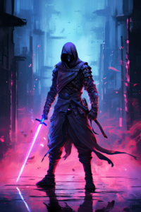 Futuristic Cyber Ninja with Glowing Sword in a Neon-Lit Sci-Fi City