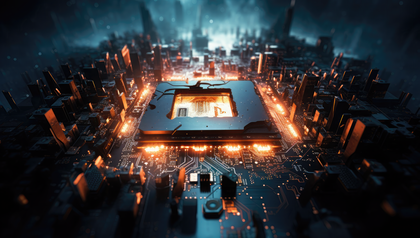 Futuristic Microchip Cityscape Motherboard Technology Concept