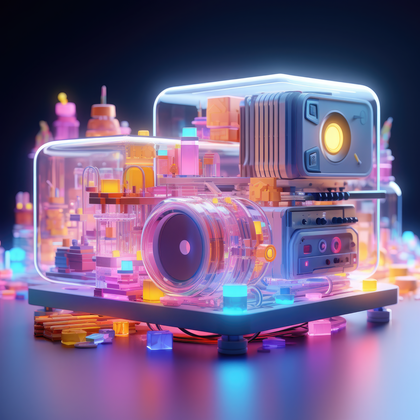 Futuristic Neon Camera Model Illuminating The Miniature City
