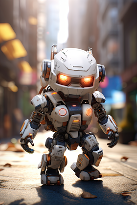 Futuristic Robot Patrols Urban Streets In Sci Fi Cityscape