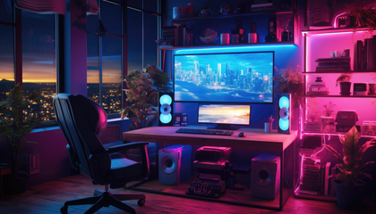 Gaming Room Setup With City Skyline And Rgb Lighting