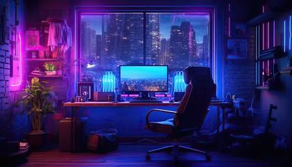 Gaming Setup Urban Neon Cityscape High Tech Entertainment