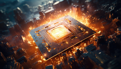 Golden Glowing Processor Technology Microchip Over Digital Cityscape