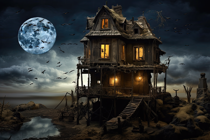 Haunted House In Moonlit Eerie Night Spooky Halloween Scene