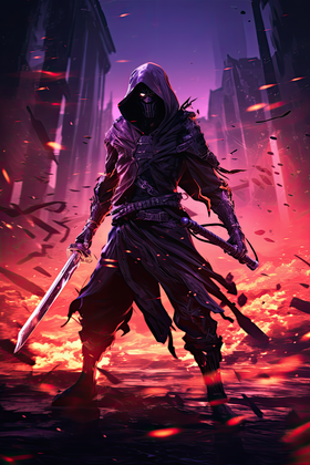 Hooded Dark Warrior With A Sword In A Fiery Apocalyptic Cityscape