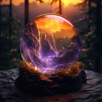 Magical Crystal Sphere With Mystical Mountains And Glowing Energy In A Fantasy Forest