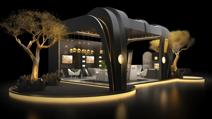 Modern 3d Exhibition Stand Design Sleek Black Gold Elegant Showcase