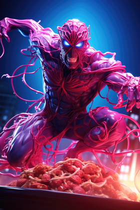 Mutant Spaghetti Monster With Glowing Eyes In A Sci Fi Food Battle Scene