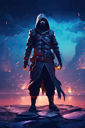 Mysterious Hooded Assassin In A Futuristic Cityscape With Glowing Elements And Epic Atmosphere