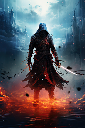 Mysterious Hooded Warrior Walking Through Flames In Dark Fantasy World
