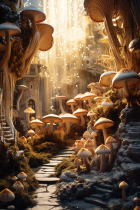 Mystical Mushroom Pathway In An Enchanted Fairytale Cityscape