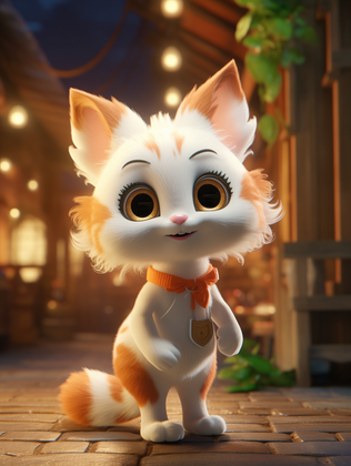 Nighttime Charm With Cute Animated Kitten In Urban Wonderland