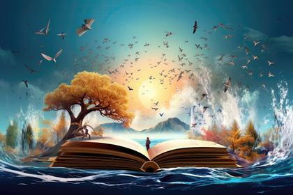 Open Book Art Ocean Waves Storybook Adventure Illustration