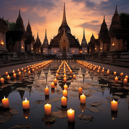 Peaceful Temple Reflection With Floating Candles Zen Scene