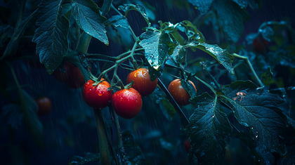 Rainy Garden Freshness Capture Of Tomatoes On The Vine In A Downpour