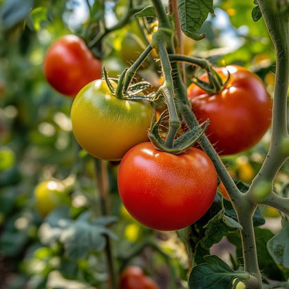 Ripe Tomatoes On The Vine In Lush Greenhouse Setting