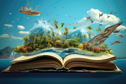 Sailing Ship Adventure On Open Book Seascape In Tropical Nature Oasis