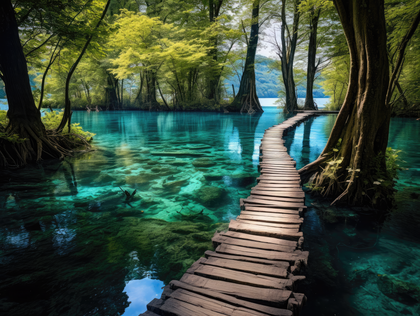 Serene Blue Lagoon Forest Pathway Nature Escape