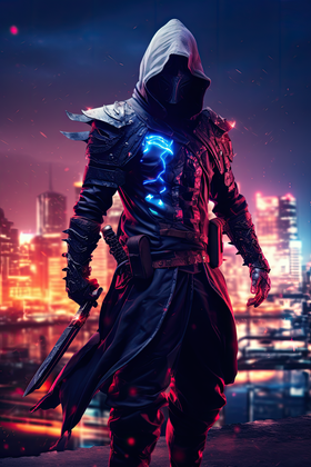 Shadowy Cyber Ninja Stands Guard In Futuristic Neon City