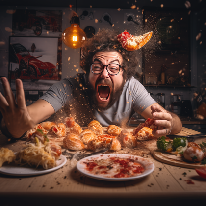 Shocked Man With Exploding Pizza Delight