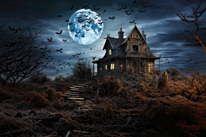 Spooky Haunted House Art With Full Moon And Bats