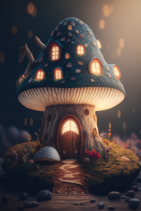 Starlit Fantasy Mushroom House In A Magical Night Garden