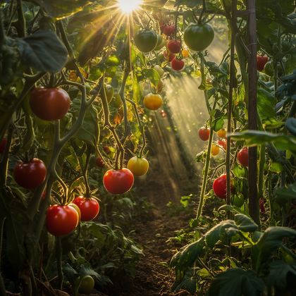 Sunlight Beaming On Organic Tomatoes In A Vibrant Garden