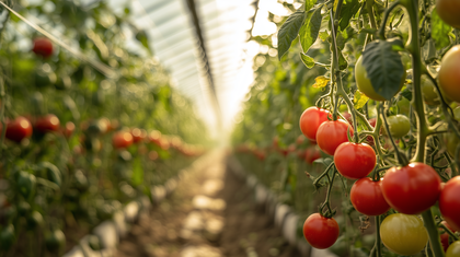 Sunlit Greenhouse Tomatoes Flourishing In Sustainable Agriculture