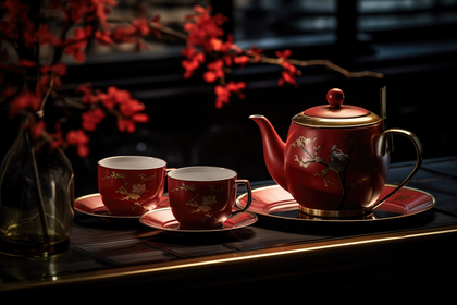 Traditional Chinese Tea Set Red Porcelain Gold Trim Elegant Floral Design