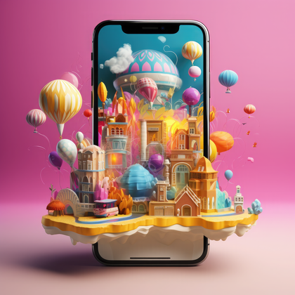 Vibrant 3d City Bursting From Smartphone With Hot Air Balloons And Fantasy Elements