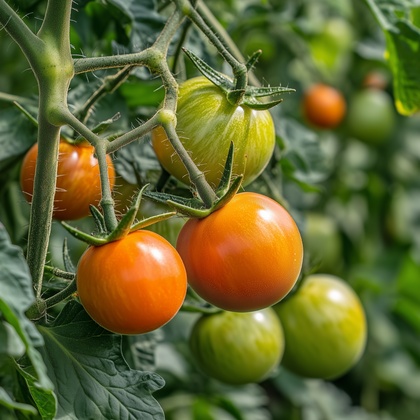 Vibrant Tomato Cluster Growing In Ecofriendly Greenhouse Environment