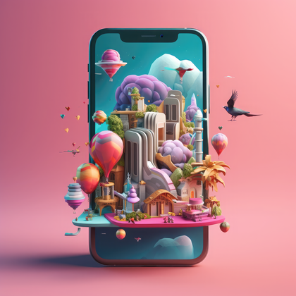Whimsical 3d Fantasy City Emerging From Smartphone With Hot Air Balloons And Surreal Clouds