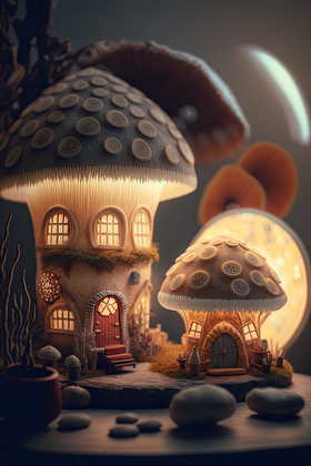 Whimsical Mushroom House In A Fantasy Enchanted Forest