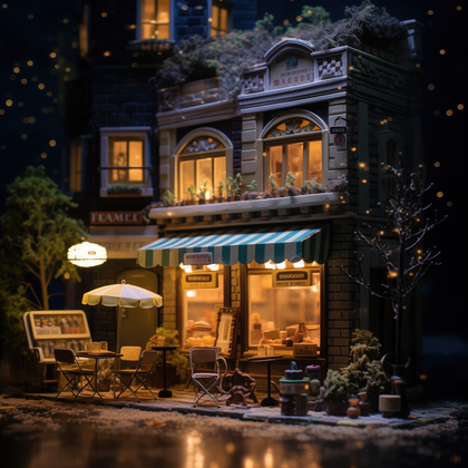 Winter Evening At A Cozy Miniature Boulangerie With Snowy Street View